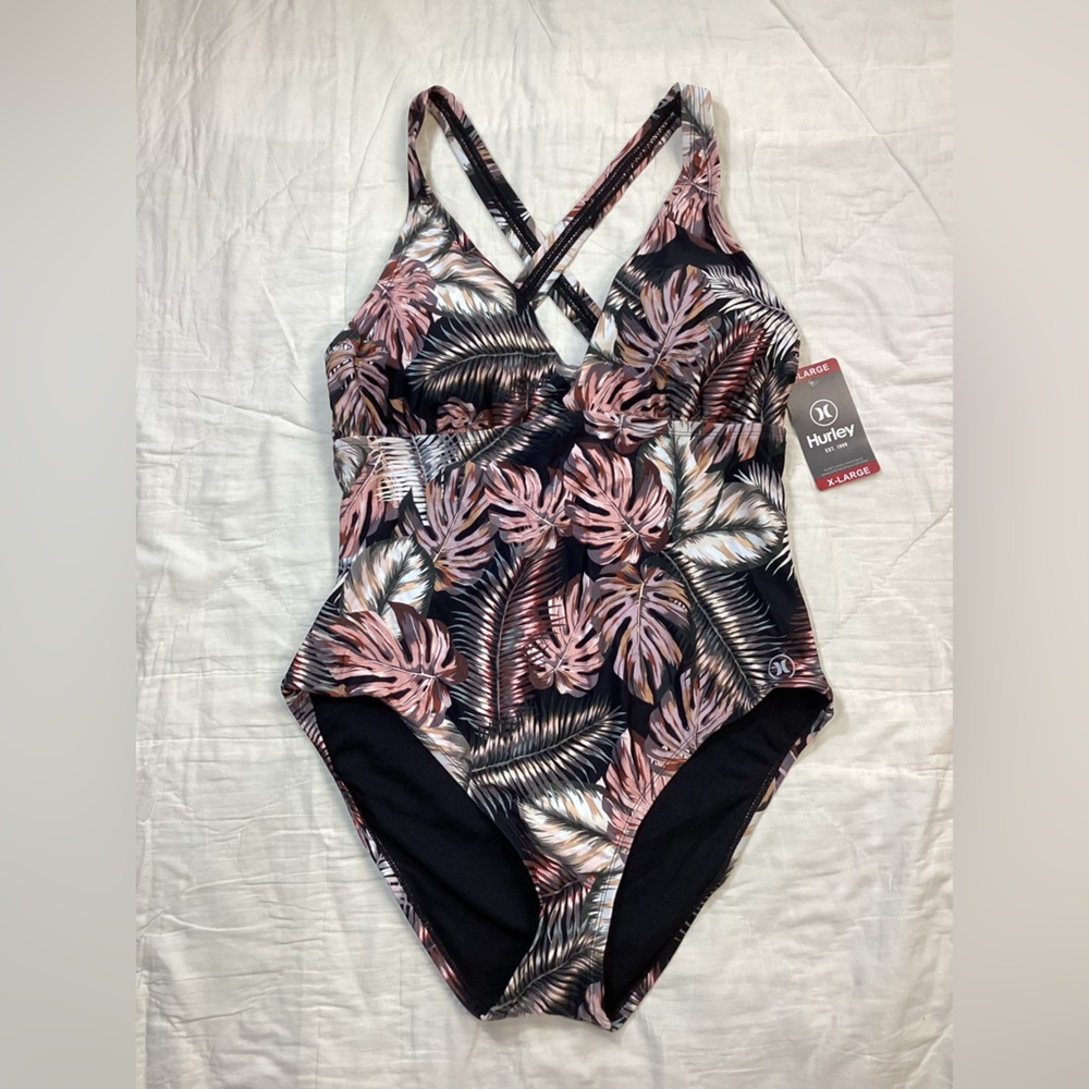 Hurley Women's Tropical Print Swimsuit - Pink and Black